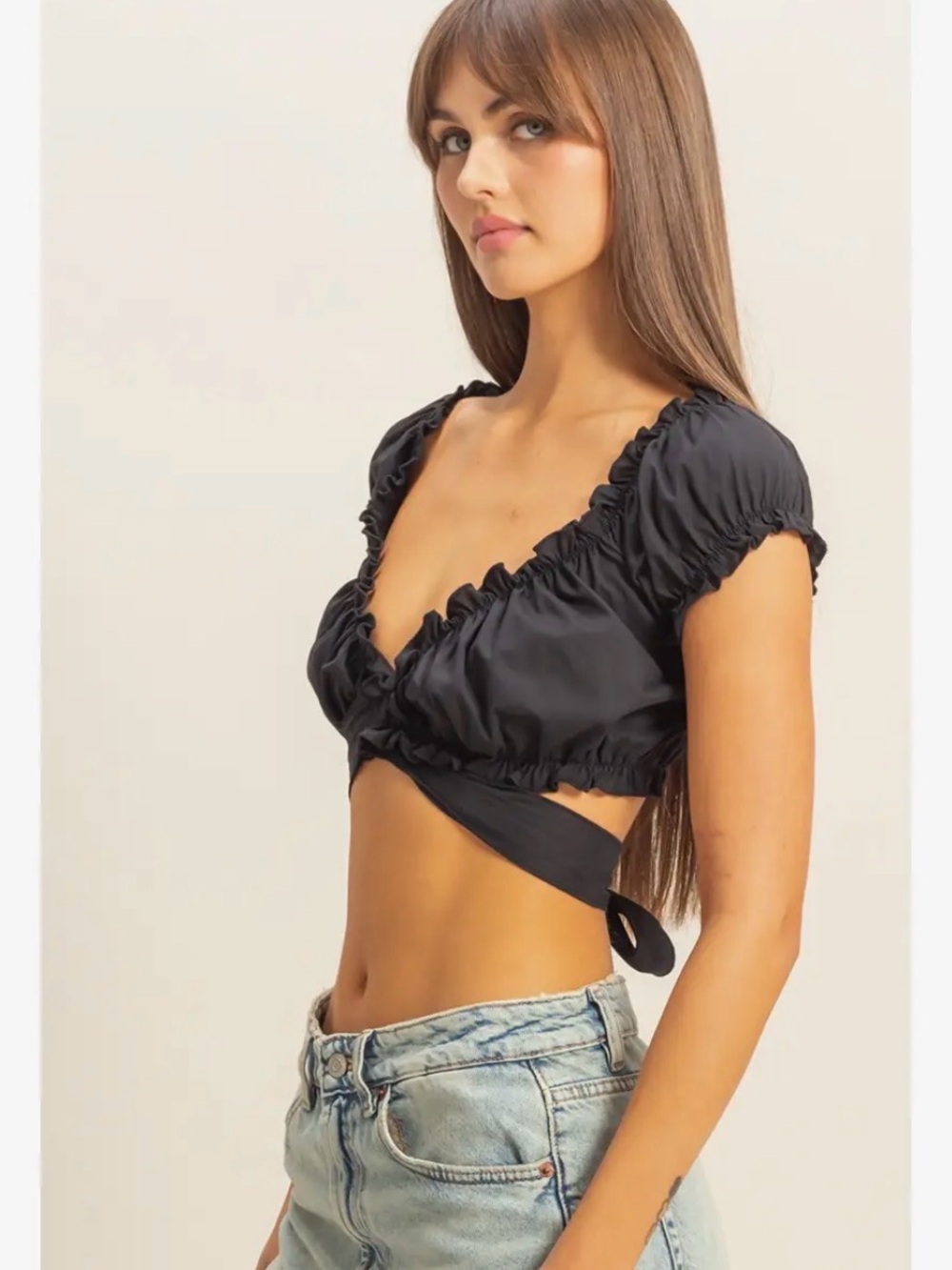 Black Puff Sleeve Ruched Crop Top Tie Back Medium HYFVE NWT